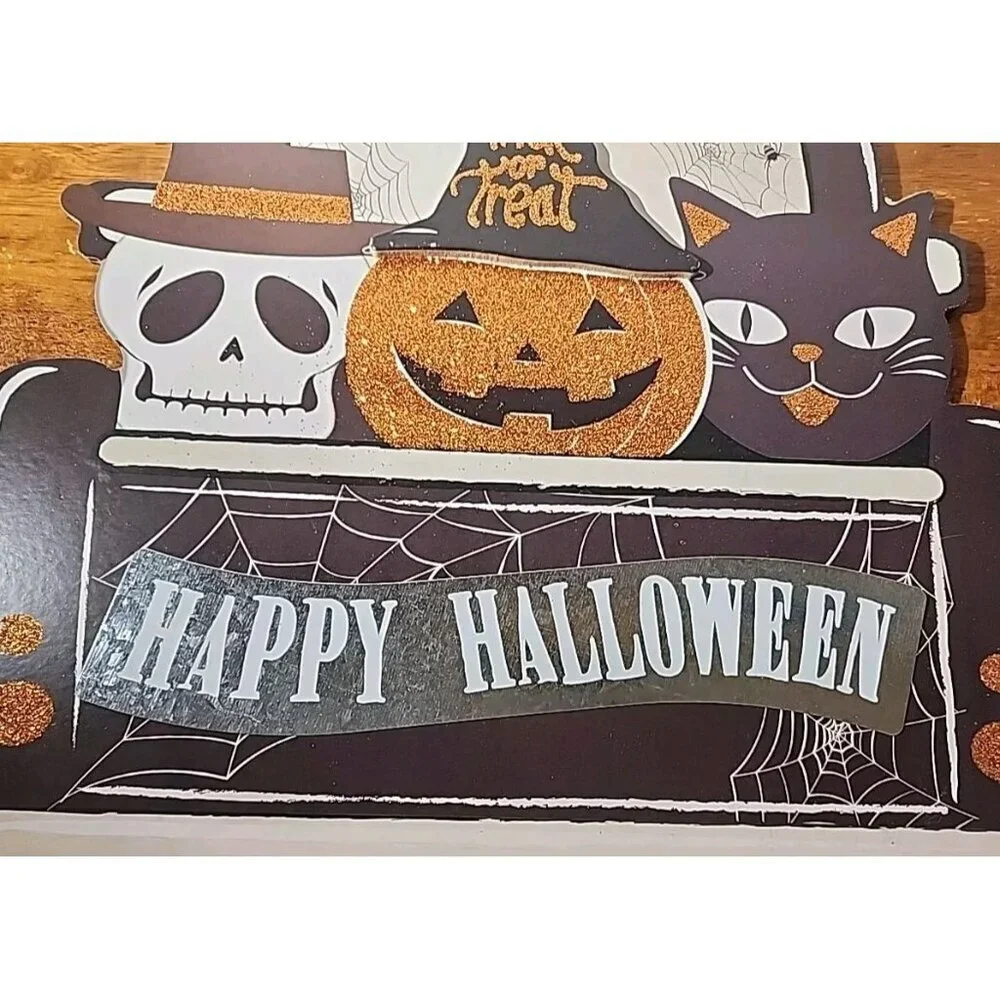 Halloween Truck Pumpkin Skull Cat Glitter Hanging Wall Door Sign Décor 11x11